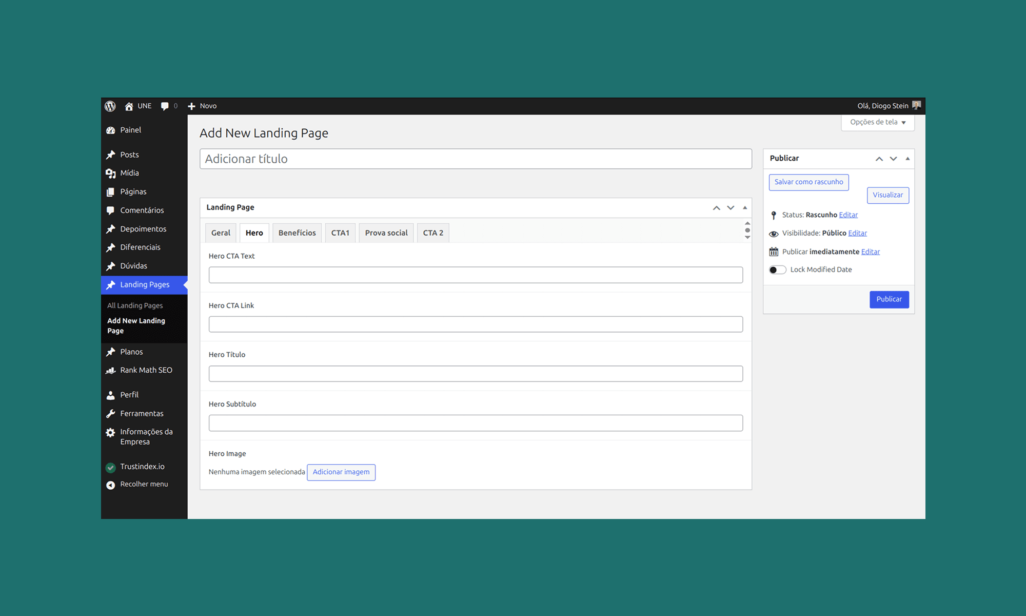 área administrativa do wordpress onde o usuário pode cadastrar múltiplas landing pages